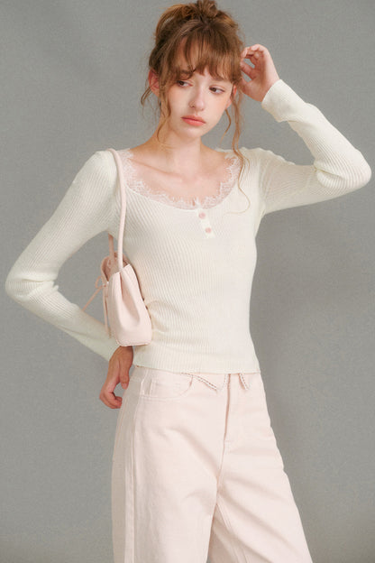 Wool Blend Lace Trim U-Neck Knit Top