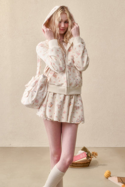 Bunny Print Hoodie Skirt Set-Up
