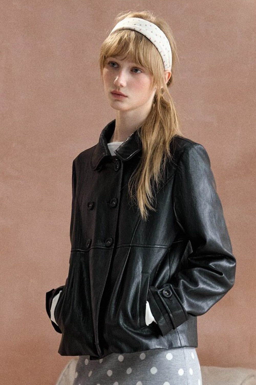 Collar Pleated Leather Jacket