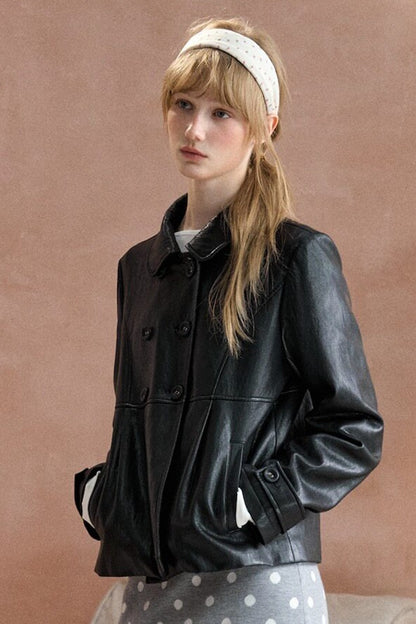 Collar Pleated Leather Jacket