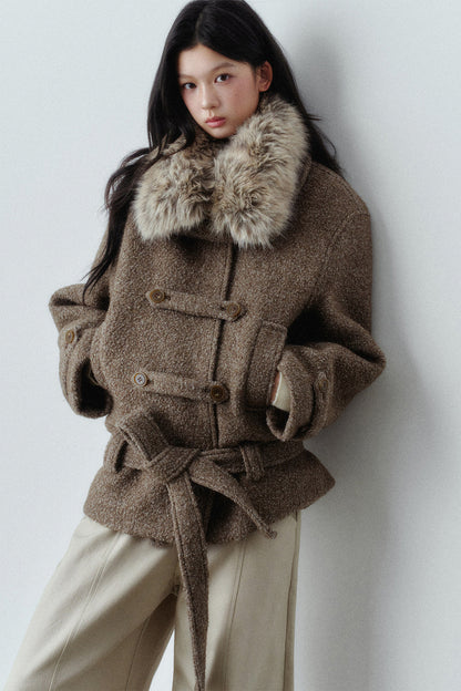 Napoleon Buckle Wool Fur Collar Jacket