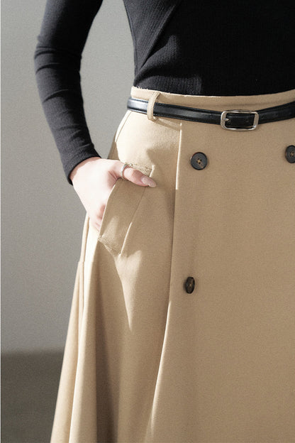 Knot Off-Shoulder Knit Pullover Top and Khaki Skirt Set-Up