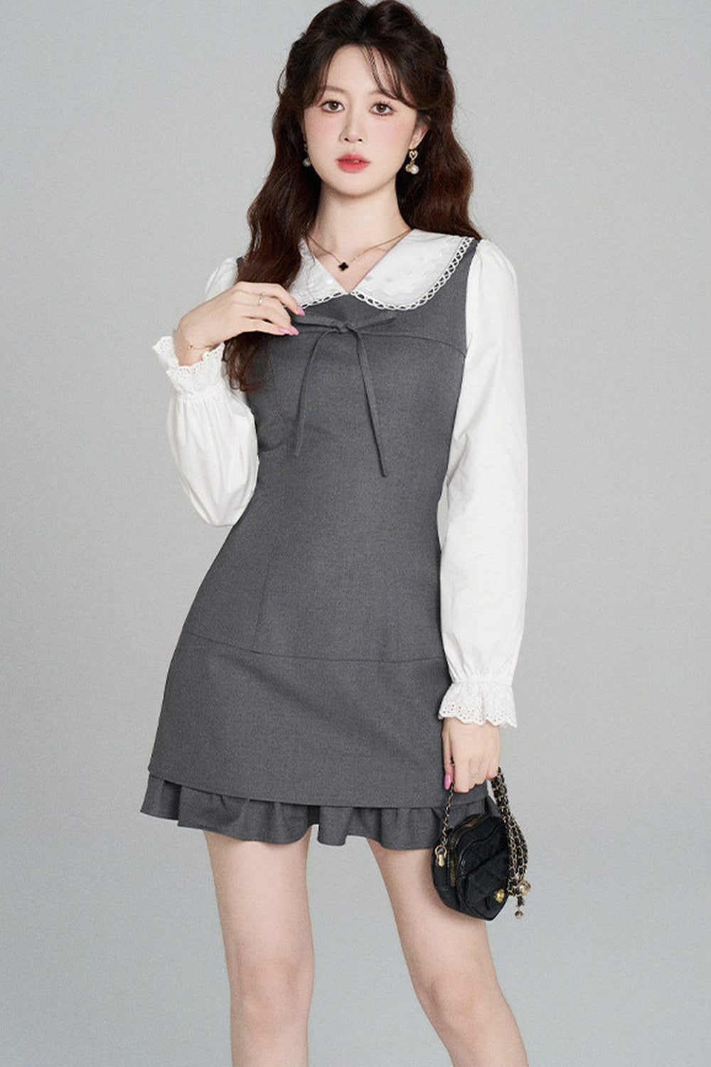Gray Doll Collar Cinched Waist Dress