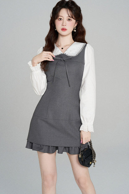 Gray Doll Collar Cinched Waist Dress