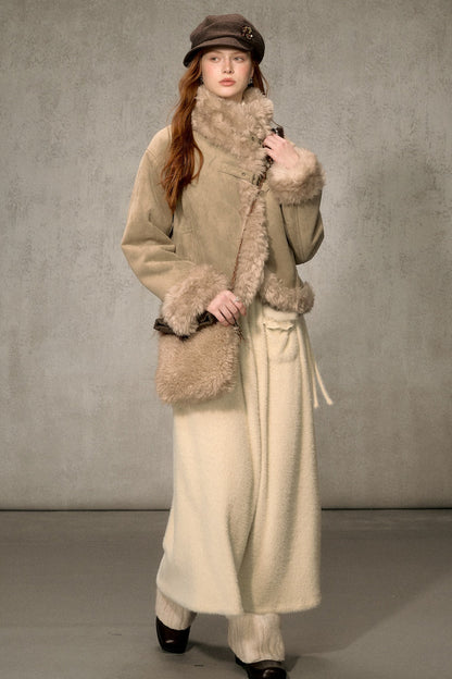 Oatmeal Chocolate Fur Trim Asymmetrical Jacket