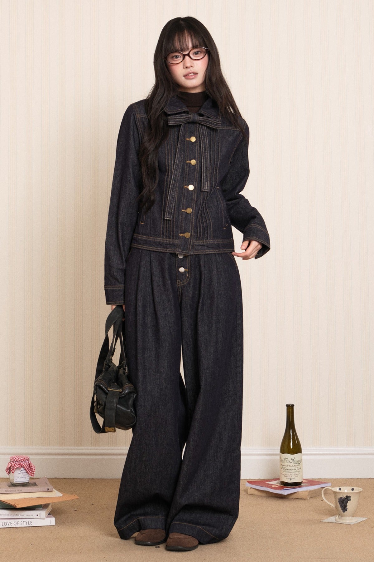 Washed Denim Lapel Tie Jacket