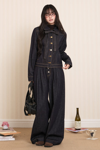 Washed Denim Lapel Tie Jacket