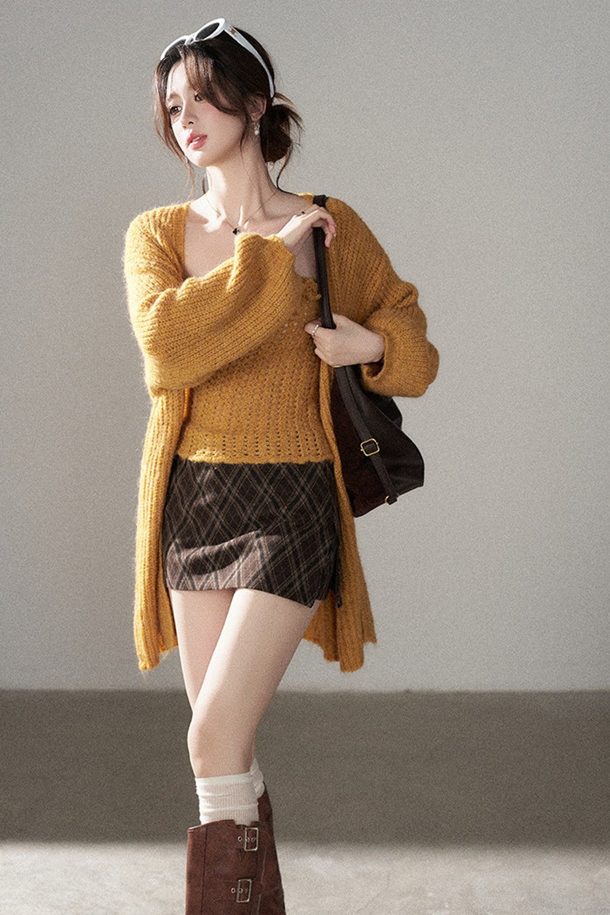 High-Waisted Woolen Plaid Skirt