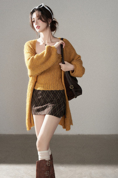 High-Waisted Woolen Plaid Skirt