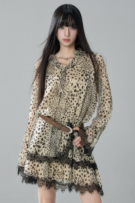 Long-Sleeve Chiffon Leopard Print Dress