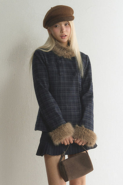 Plaid Woolen Jacket and Skirt Set-Up