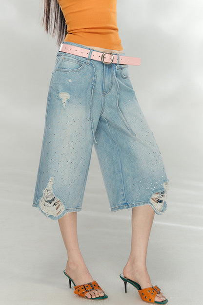Rhinestone Distressed Denim Pants