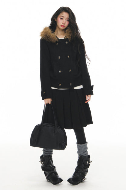 Wool Double-Breasted Fur Collar Coat Set-Up