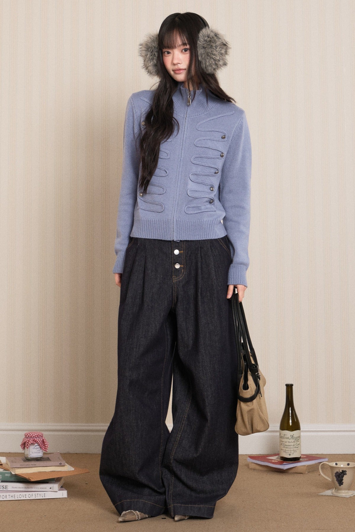 Napoleon Style Zipper Knit Cardigan
