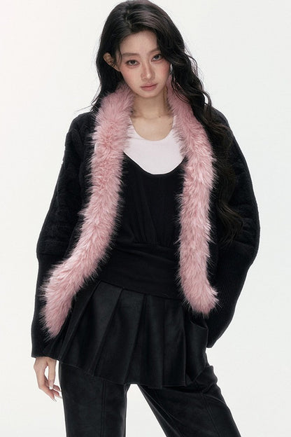 Detachable Fur Collar Batwing Knit Cardigan
