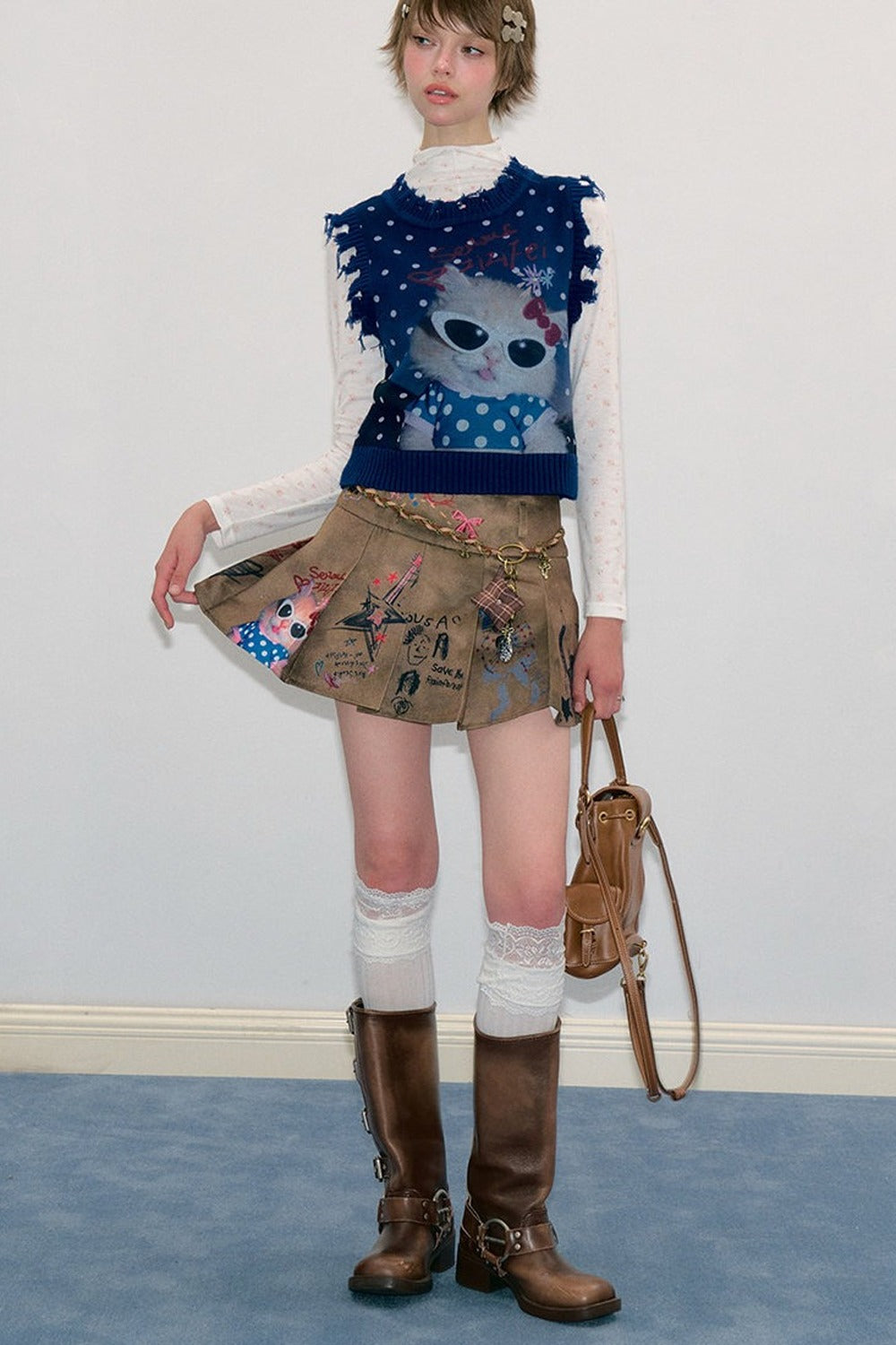 Navy Blue Cat Print Polka Dot Vest