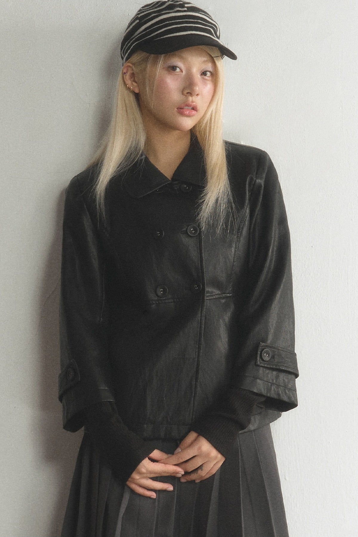 Black Double-Breasted PU Leather Top and Skirt Set-Up