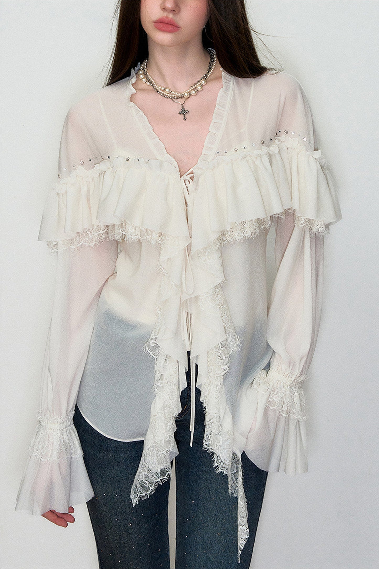 Rhinestone Lace V-Neck Blouse