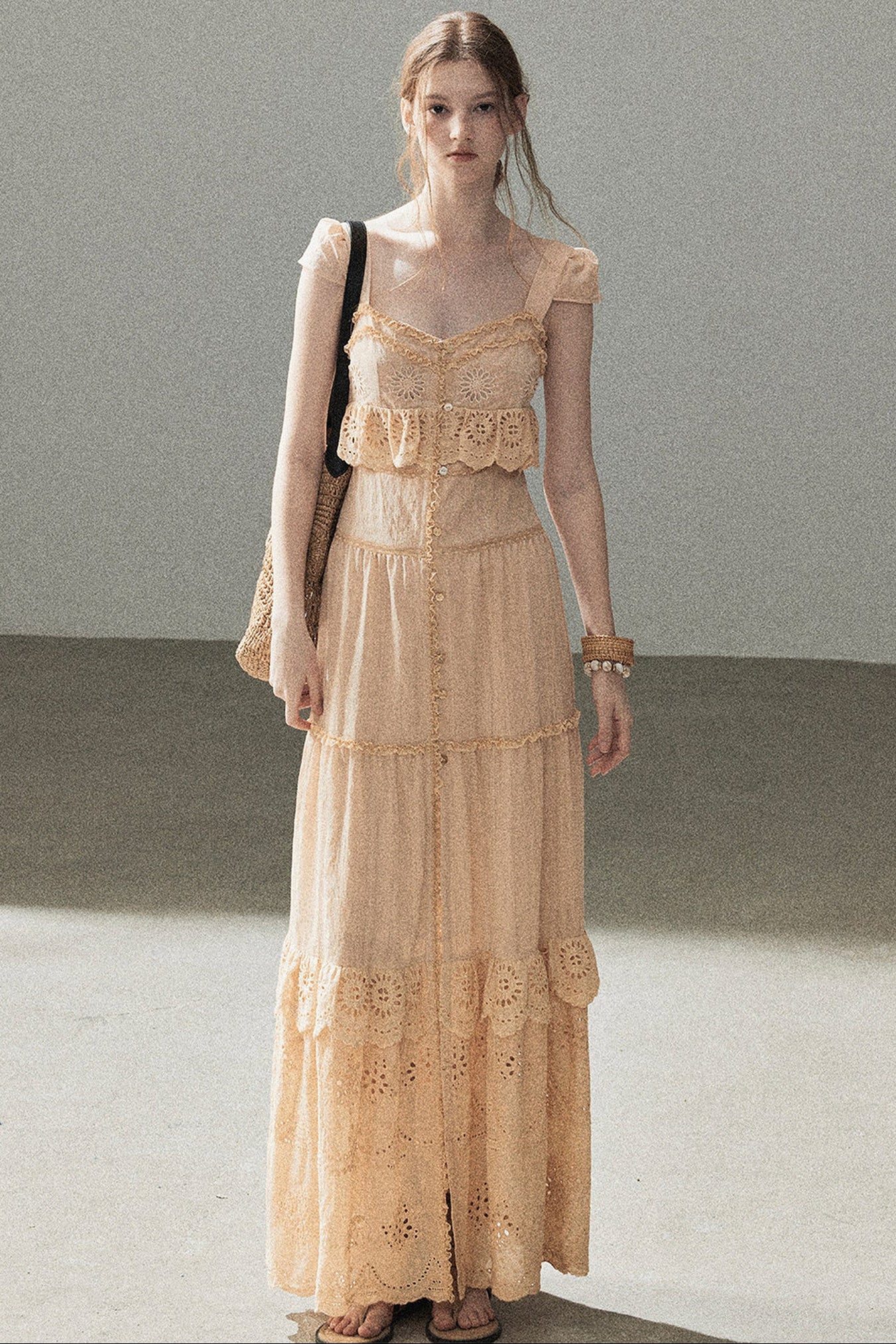 Ruffled French Short-Sleeve Long Dress