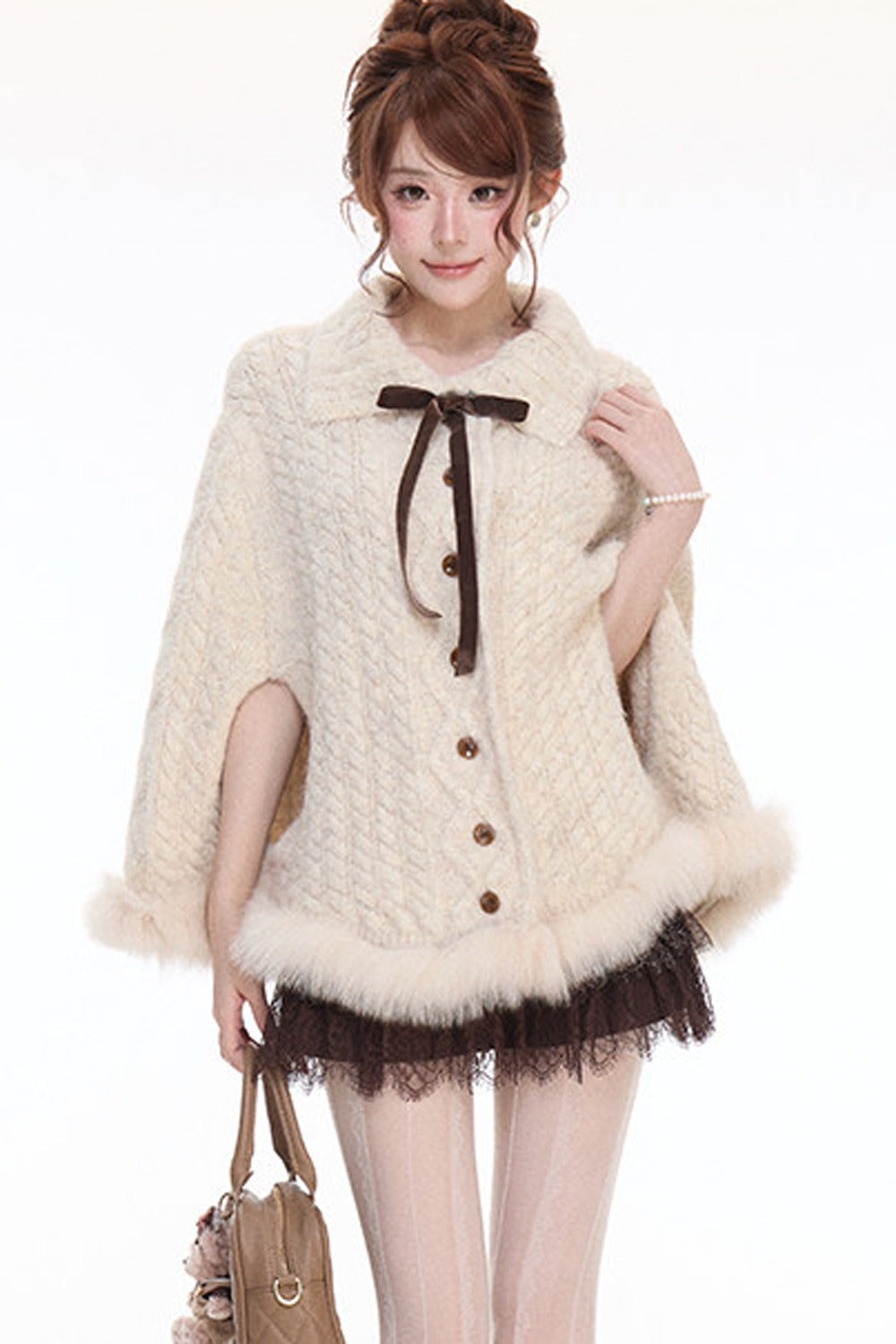 Fox Fur Hem Lapel Cape and Lace Skirt Set-Up