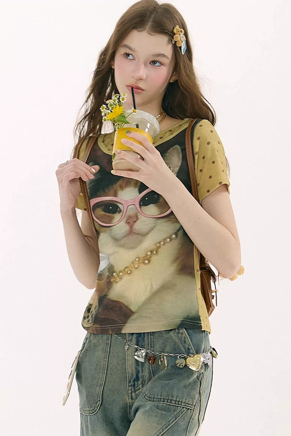 Retro Distressed Cat Print T-Shirt