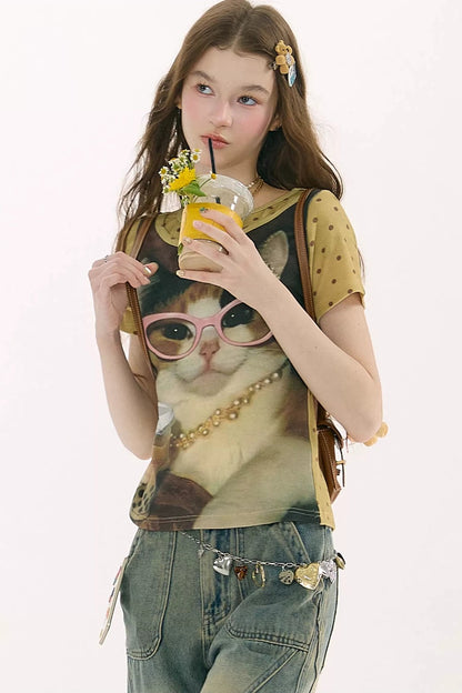 Retro Distressed Cat Print T-Shirt