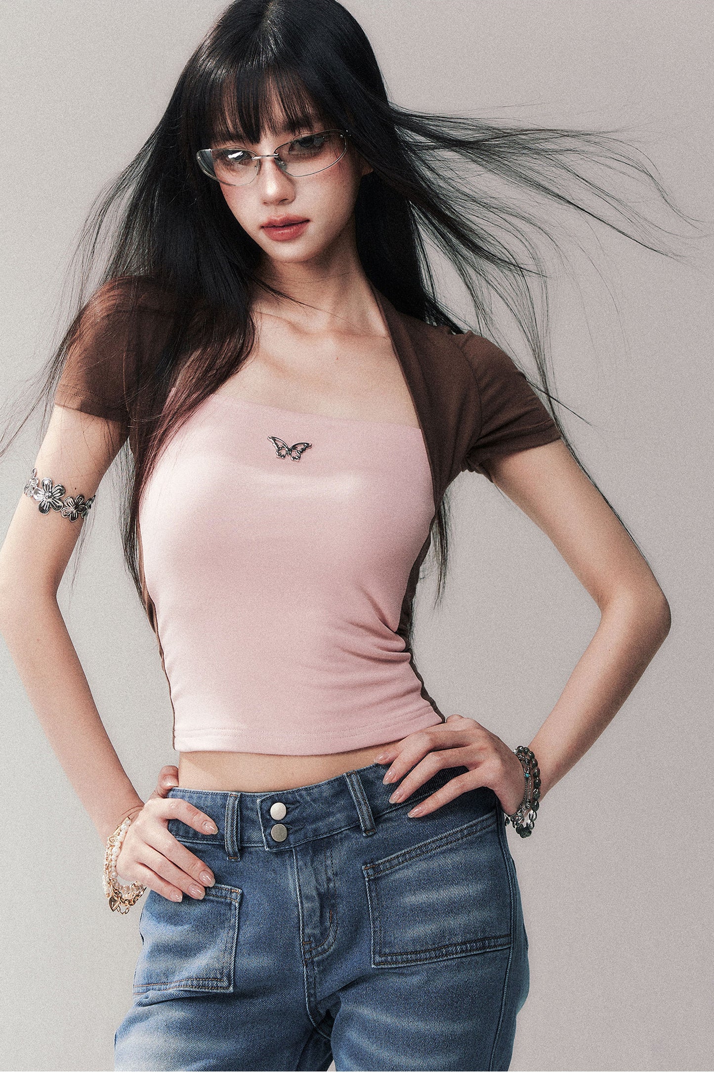 Butterfly Logo Contrasting Color Blouse and Skirt Set-Up