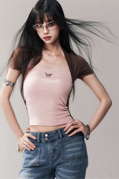 Butterfly Logo Contrasting Color Blouse and Skirt Set-Up
