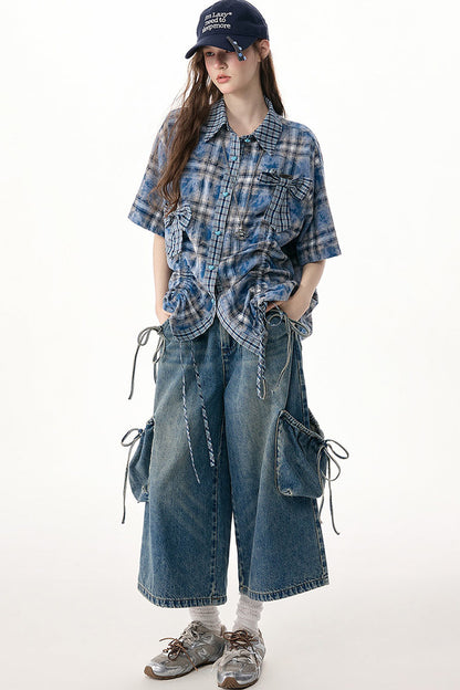 High-Waist Tie-Waist Cargo Denim Wide-Leg Pants