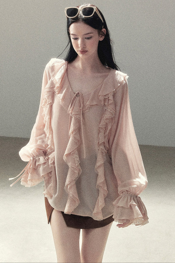Ruffle Sheer Chiffon Cover-Up Blouse Set