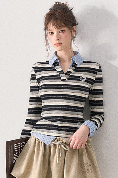 Striped Layered-Look Long-Sleeve Polo Shirt