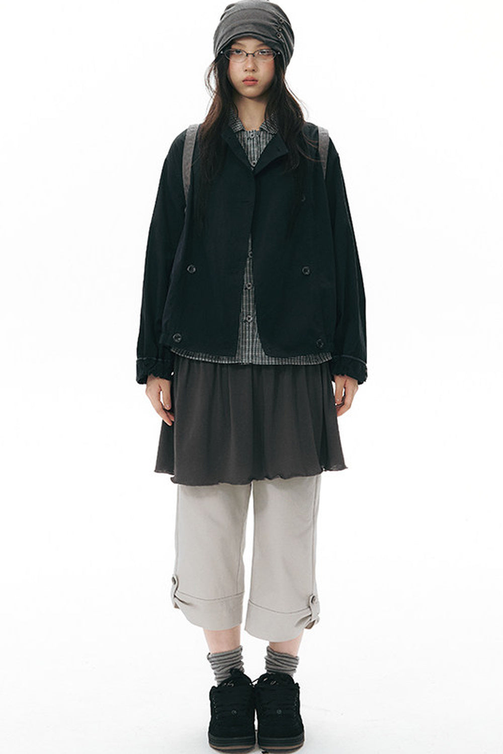 Side Seam Button Pleated Beanie Knit