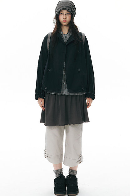Side Seam Button Pleated Beanie Knit