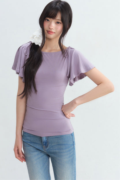 Purple Tie Flutter Sleeve Top and Denim Pants Set-Up
