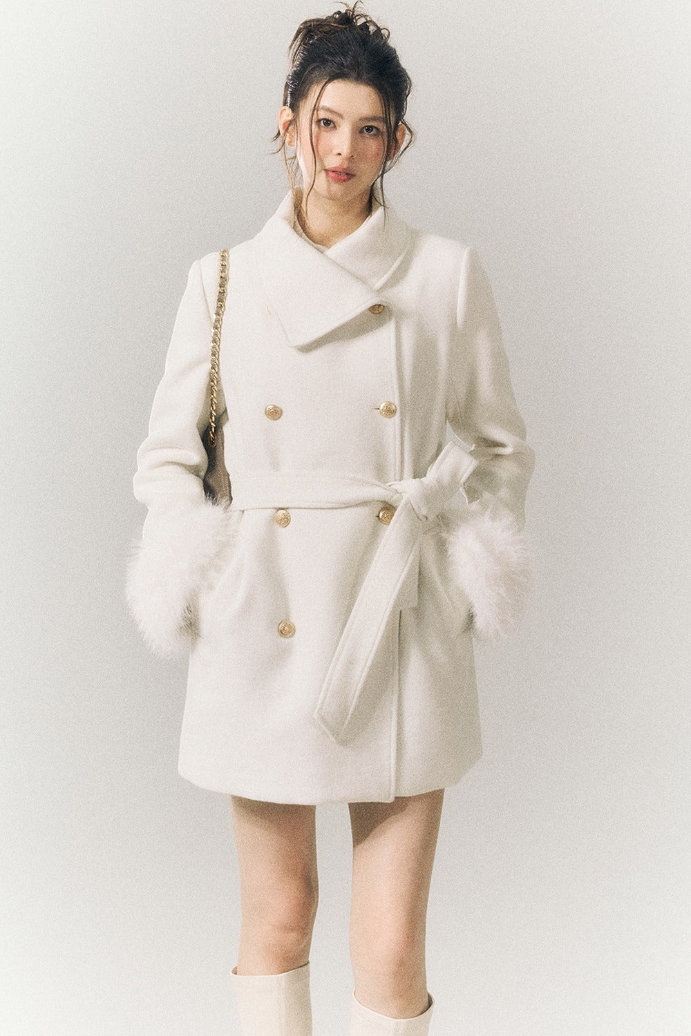 White Wool Detachable Fur Sleeve Coat