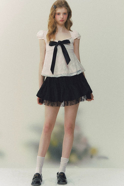 Square Neck Bow Lace Top