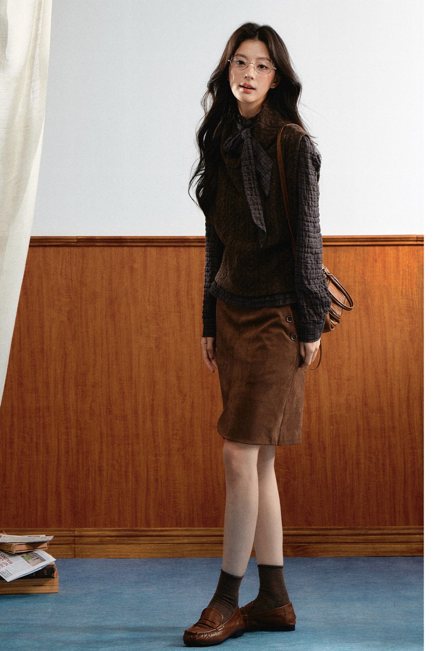 Retro Plaid Ribbon Top and Suede Skirt Set-Up