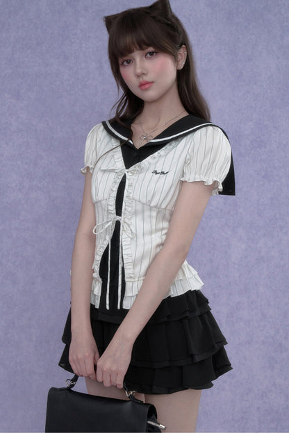 White Sailor-Collar Striped Top