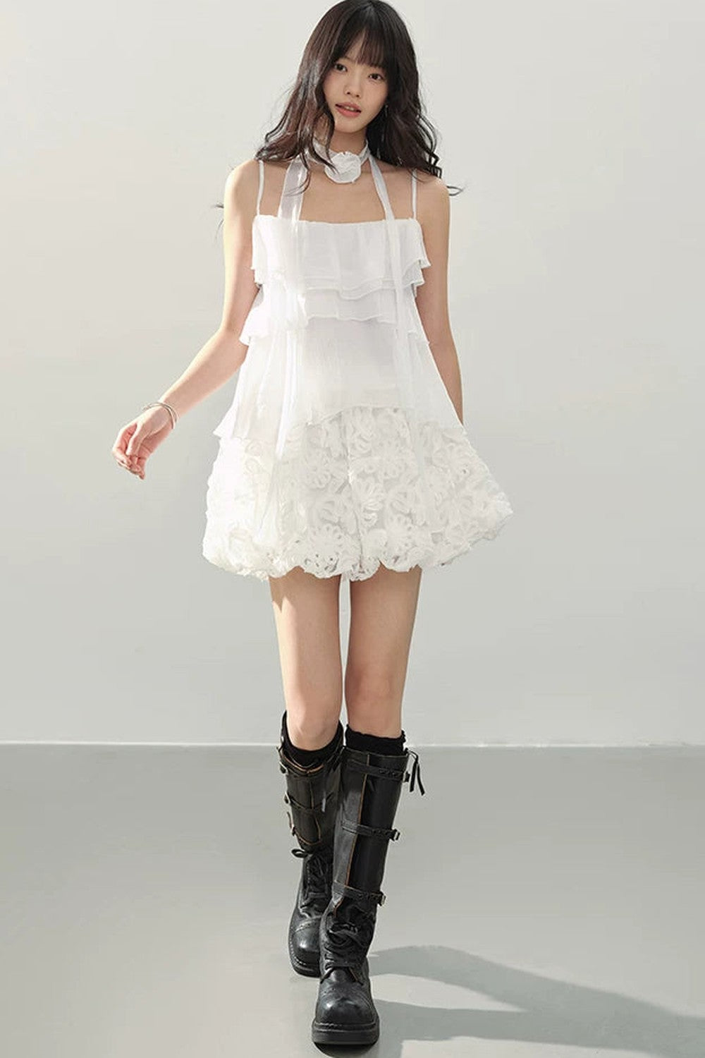 Neck Flower Ruffled Top