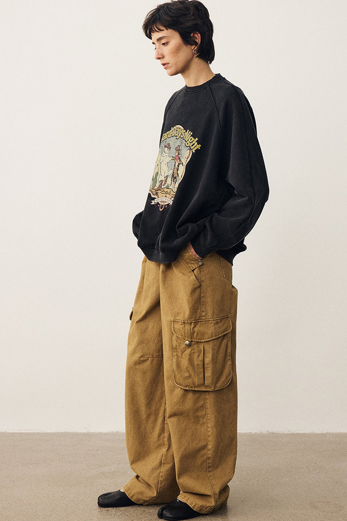 Washed Cat Print Sweatshirt and Pants Set