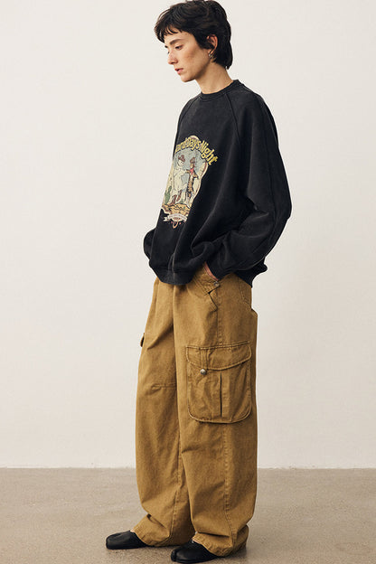 Washed Cat Print Sweatshirt and Pants Set
