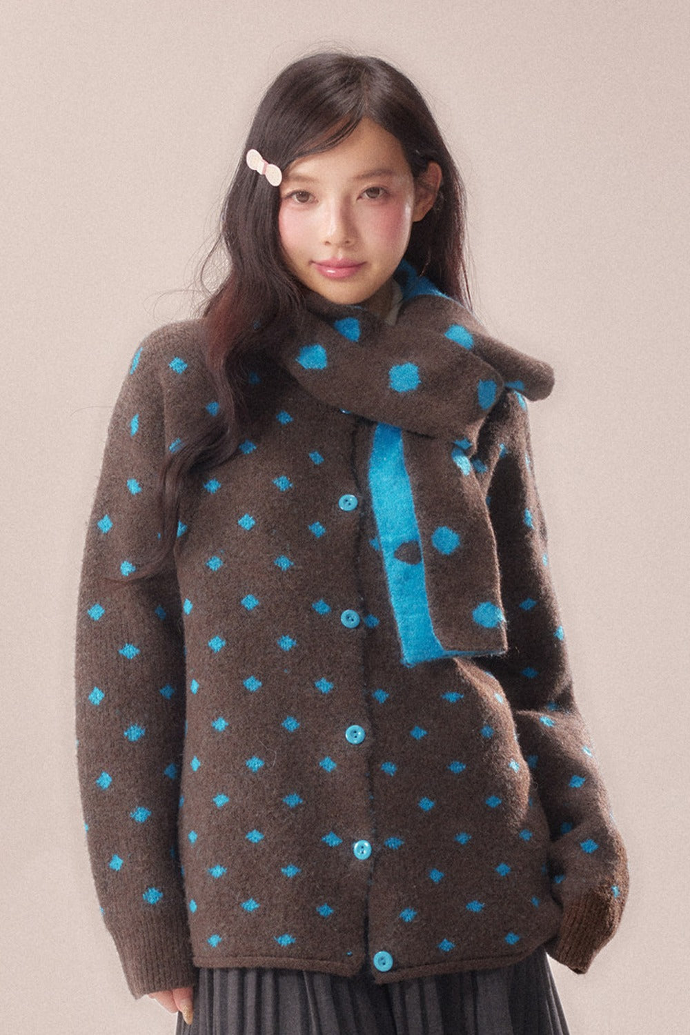 Polka Dot Scarf Knit Cardigan