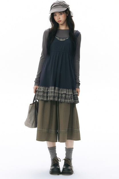 Elastic Waist Patchwork Wide-Leg Skirt Pants