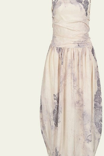 Ink Wash Plant Print Ribbon Dress