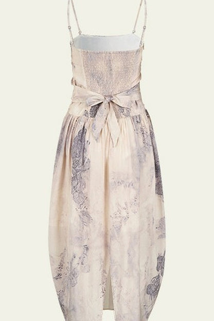 Ink Wash Plant Print Ribbon Dress