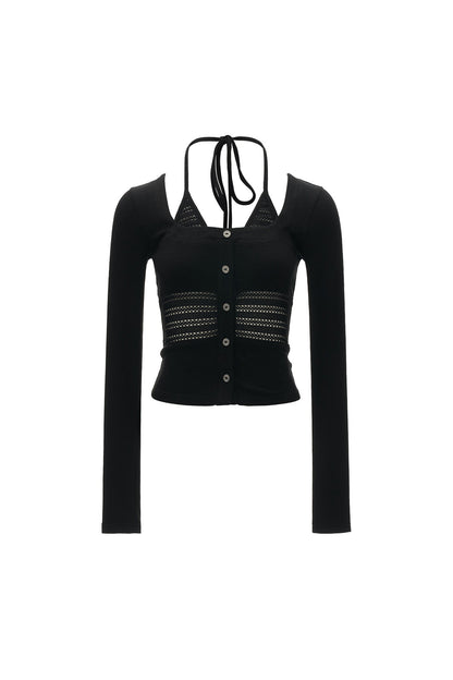 Long-Sleeve Halter Button Hollow-Out Cardigan