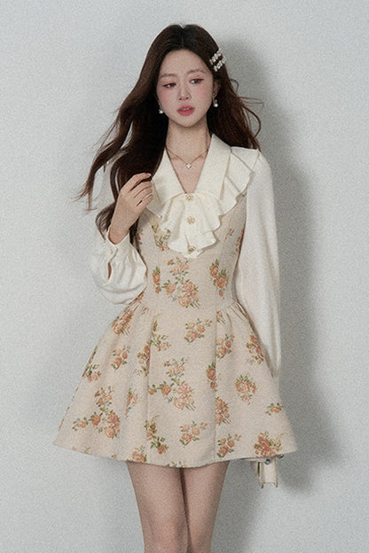Floral Lantern Sleeve Ruffle Collar Dress