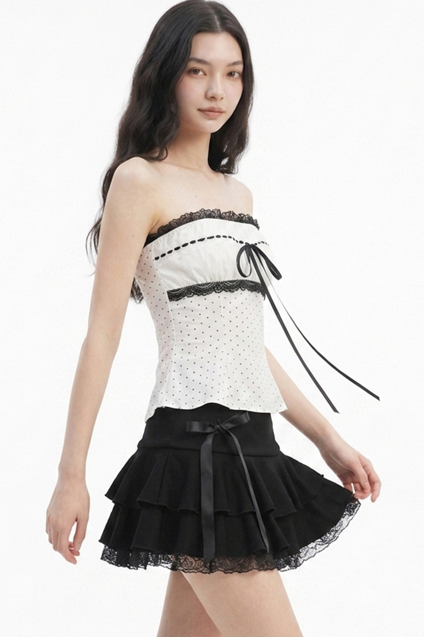 Polka Dot Lace Trim Strapless Top
