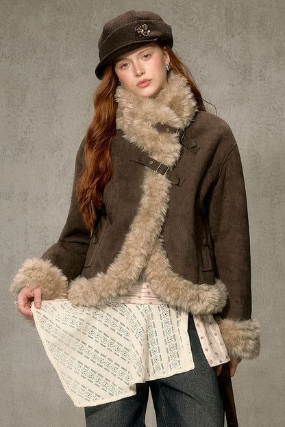 Oatmeal Chocolate Fur Trim Asymmetrical Jacket
