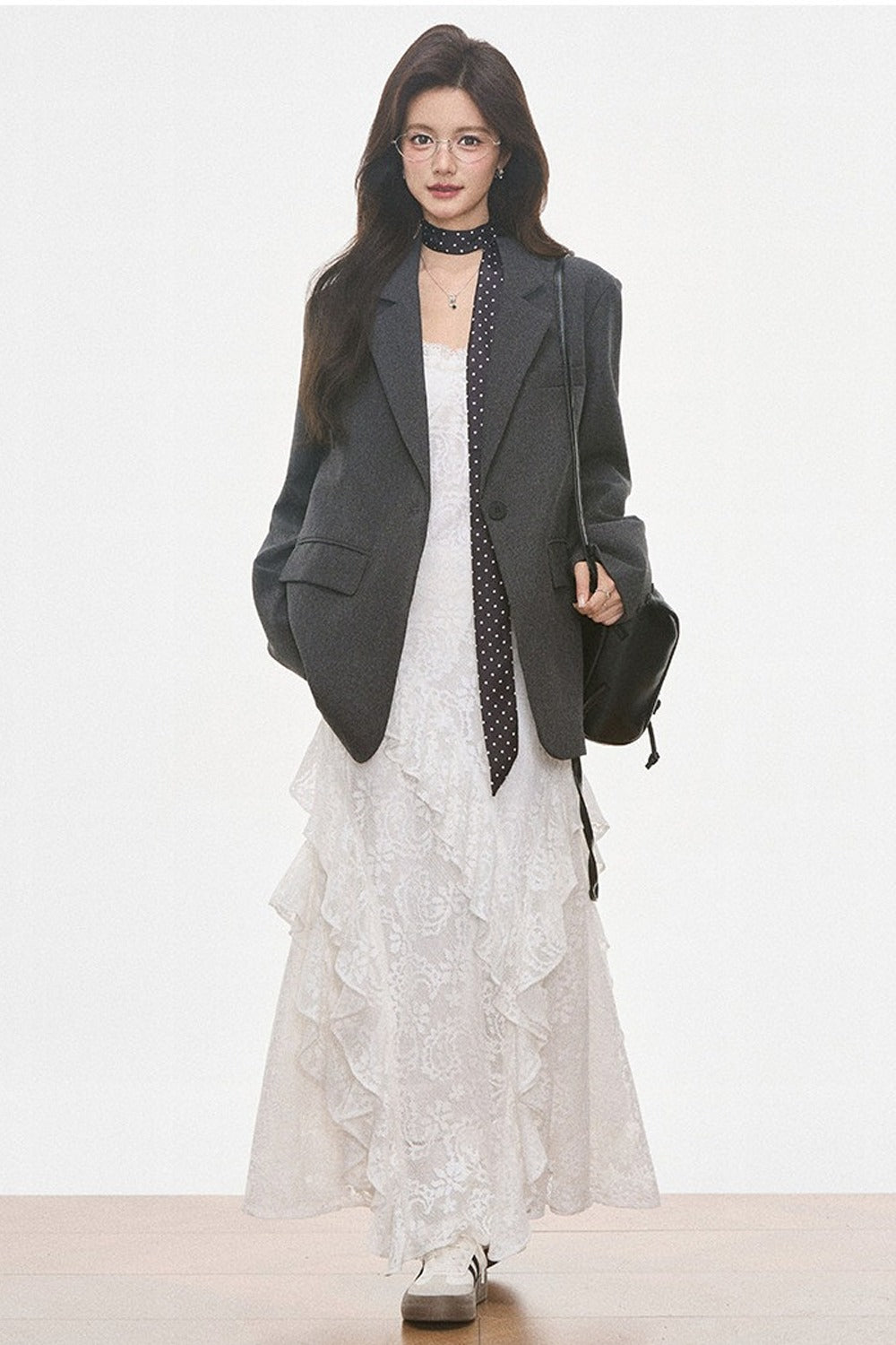 Petite Gray Wool Blazer and White Lace Slip Dress Set-Up